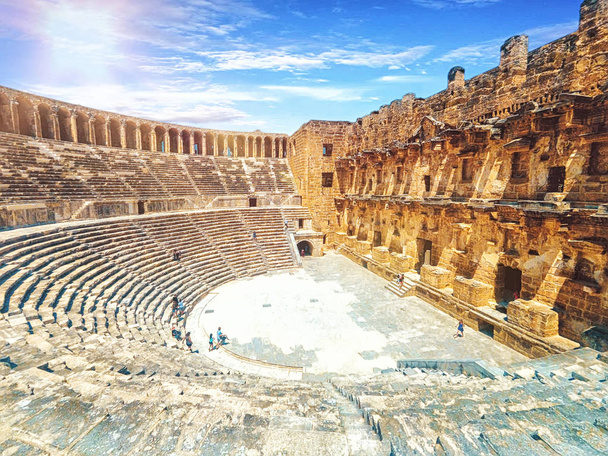 Aspendos Amphitheater close-up inside in the summertime with sunshine, Turkey, Serik. - 写真・画像