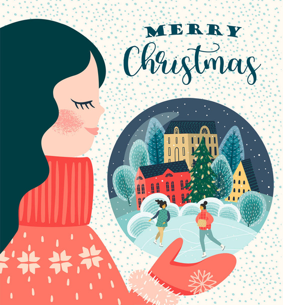 Christmas and Happy New Year illustration with cute woman. - Vector, Image