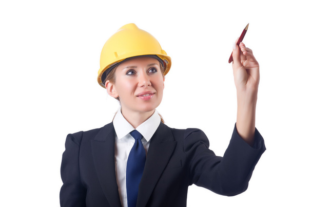 Женщина-строитель нажимает виртуальные кнопки
 - Фото, изображение