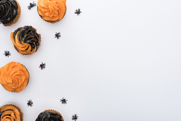 コピースペースと白い背景にクモとおいしいハロウィーンカップケーキのトップビュー - 写真・画像