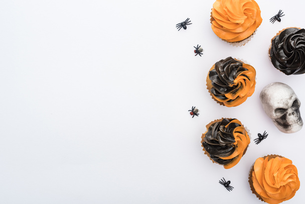top view of delicious Halloween cupcakes with spiders and skull on white background with copy space - Foto, imagen