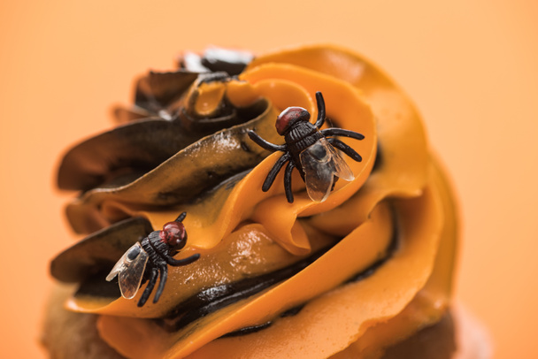 Close-up weergave van Spooky Halloween cupcake met vliegen op crème geïsoleerd op oranje - Foto, afbeelding
