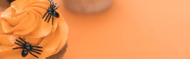 selective focus of scary Halloween cupcake with spiders on orange background, panoramic shot - Fotografie, Obrázek