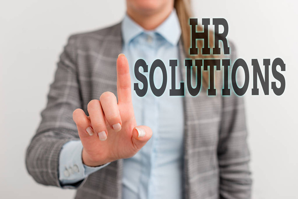 Word writing text Hr Solutions. Business concept for Outsourced Huanalysis resources consultancy and support Experts Digital business concept with business woman. - Photo, Image