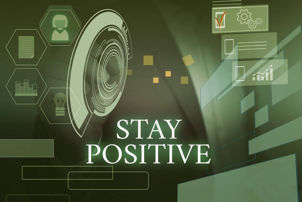Writing note showing Stay Positive. Business photo showcasing Engage in Uplifting Thoughts Be Optimistic and Real Male wear formal suit presenting presentation smart device. - Photo, Image
