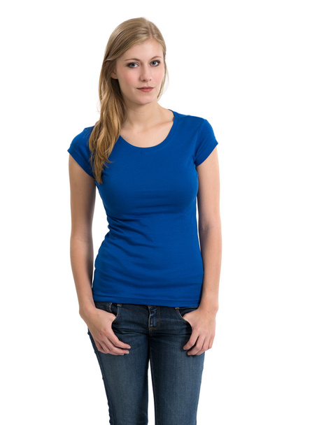 Nuori blondi yllään tyhjä sininen paita
 - Valokuva, kuva