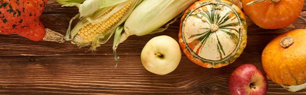 panoramic shot of raw sweet corn, pumpkins and apples on brown wooden surface - Foto, Imagem