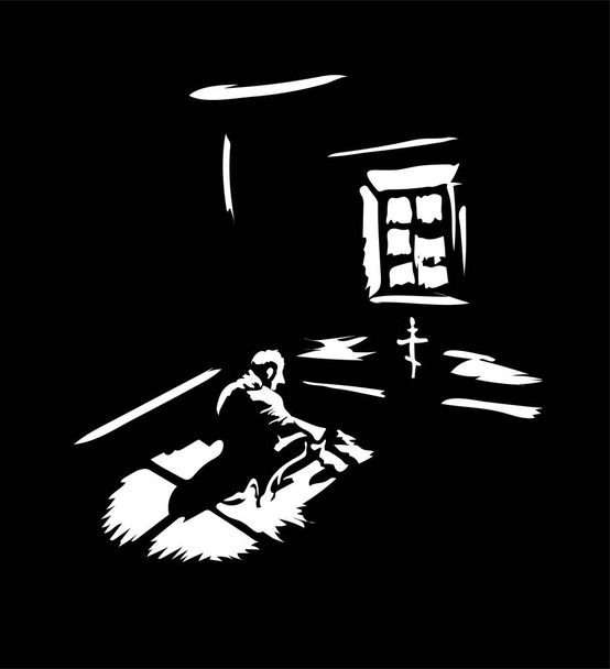 одинокий заключенный читает молитву в тюрьме
 - Вектор,изображение