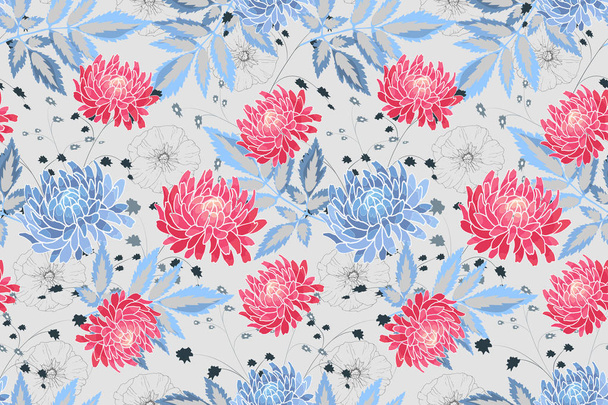 Art floral vector seamless pattern. Blue, pink asters and hollyhocks. - Vektor, obrázek
