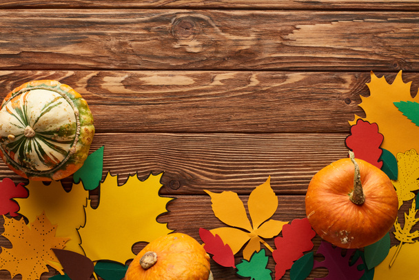 top view of pumpkins on wooden surface with color paper leaves - 写真・画像