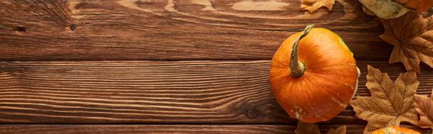 panoramic shot of pumpkin on wooden surface with dried autumn leaves and copy space - Photo, Image
