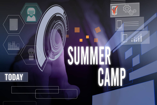 Conceptual hand writing showing Summer Camp. Business photo showcasing Supervised program for kids and teenagers during summertime. Woman wear work suit presenting presentation smart device. - Photo, Image