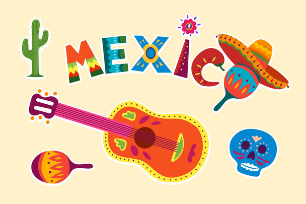 メキシコに関する明るいカラフルなスタイリッシュな伝統的なメキシコのベクトルイラスト。頭蓋骨の花のギターマラカスの装飾的なシンボルコレクション。オリジナルデザインイラスト - ベクター画像