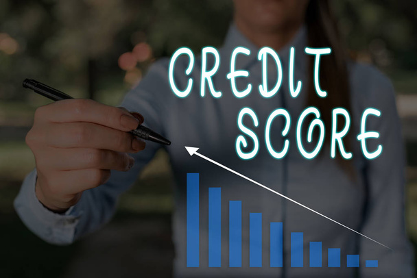 Conceptual hand writing showing Credit Score. Business photo text Represent the creditworthiness of an individual Lenders rating Woman wear work suit presenting presentation smart device. - Photo, Image