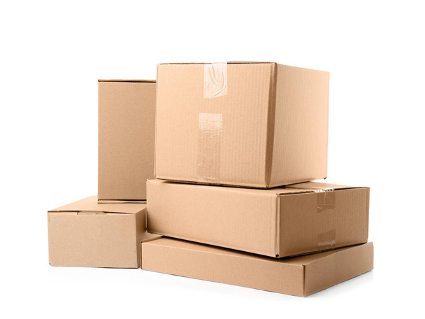 Pile of cardboard boxes on white background - Zdjęcie, obraz