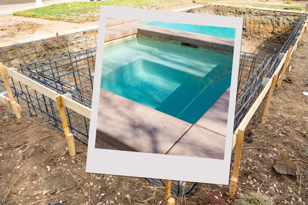 Swimming Pool Construction Site with Picture Photo Frame Containing Finished Project - Photo, Image