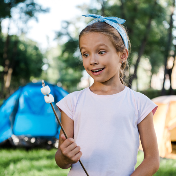 surprised kid smiling while holding stick with sweet marshmallows  - Photo, Image