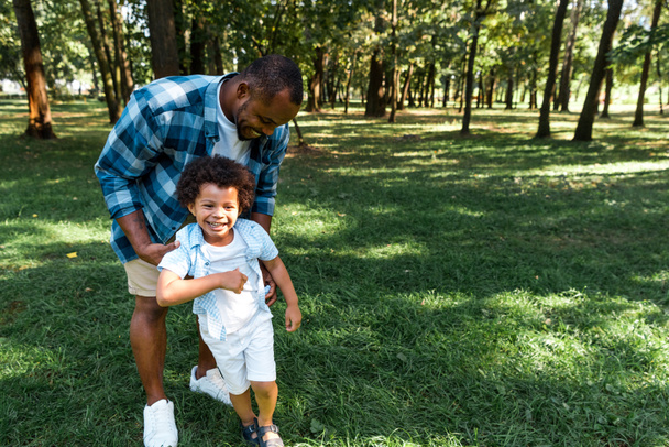 feliz afroamericano padre tocando feliz y lindo hijo en verde parque
  - Foto, imagen