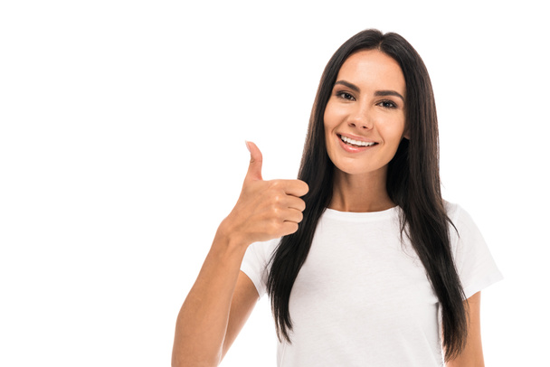 happy woman showing thumb up isolated on white  - Photo, Image