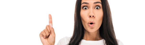 tiro panorâmico de mulher emocional apontando com o dedo isolado no branco
  - Foto, Imagem