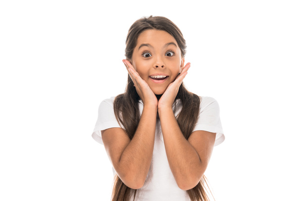 happy kid touching face isolated on white - Zdjęcie, obraz