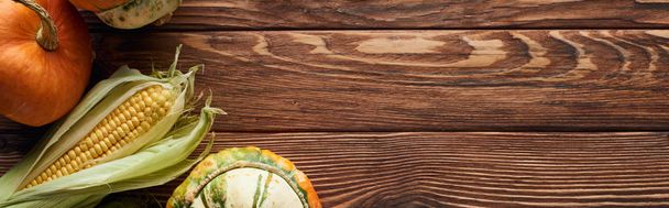 panoramic shot of corn and pumpkin on brown wooden surface with copy space - Foto, Bild
