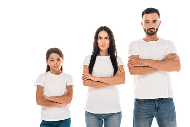 upset parents and kid standing with crossed arms isolated on white  - Foto, imagen