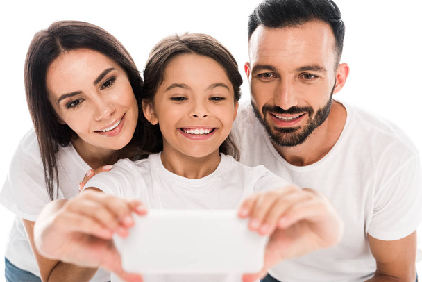 selektivní zaměření šťastné rodiny užívat selfie izolované na bílém  - Fotografie, Obrázek