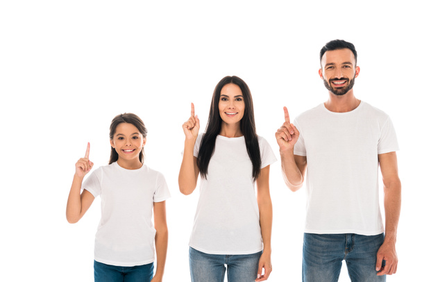 happy parents and cute daughter pointing with fingers isolated on white - Φωτογραφία, εικόνα
