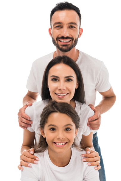cheerful family in white t-shirts isolated on white  - Φωτογραφία, εικόνα
