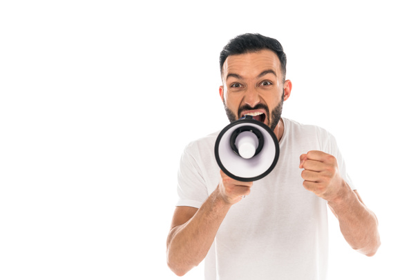 angry man with clenched fist screaming in megaphone isolated on white  - Φωτογραφία, εικόνα