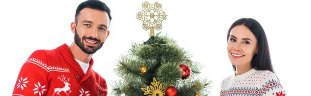 panoramic shot of happy man and woman smiling near christmas tree isolated on white  - Photo, Image