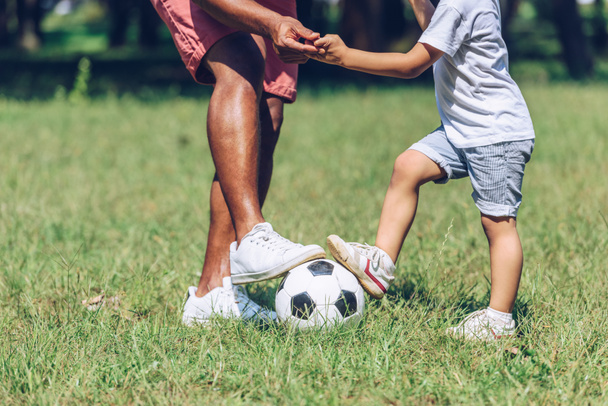 cropped view of african american father and son playing football in park - Foto, imagen