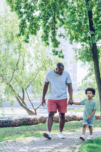 handsome african american man holding hands with adorable son while walking in park - Foto, imagen