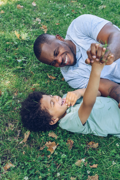 Neşeli Afrikalı Amerikalı baba ve oğul parkta çimenlikte yatarken eğleniyorlar. - Fotoğraf, Görsel
