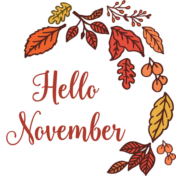 Belettering Banner Hello november, met ornament van herfst blad frame. Vector - Vector, afbeelding