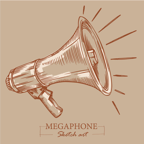 braun getönte moderne stilisierte Skizze eines Megaphons. Lautsprecher für Durchsagen, Bullhorn-Sketche oder öffentliche Aufmerksamkeit. - Vektor, Bild