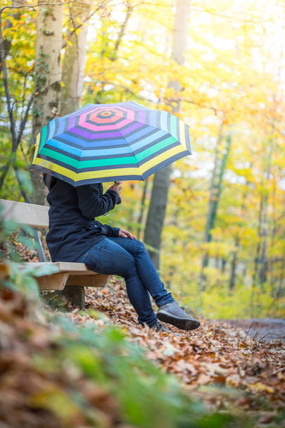 Smiling Woman  in hat with Umbrella in forest - Foto, Bild