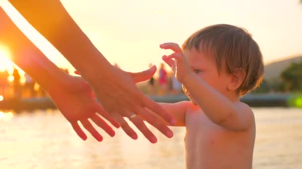 Η ιδέα της οικογενειακής εμπιστοσύνης. Κοντινό του παιδιού δίνοντας το χέρι στη μητέρα. Χέρια από τη μητέρα και το μωρό πλάνα, χέρι με χέρι. Μητέρα φροντίδα. Φροντίδα μητέρα με το μωρό, εμπιστοσύνη σχέση στην οικογένεια υγιές παιδί - Πλάνα, βίντεο