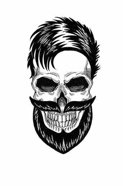 Monochrome illustration barbershop of skull with beard, mustache, hipster haircut and on white background, cartoon, angry, beautiful, brutal. - 写真・画像