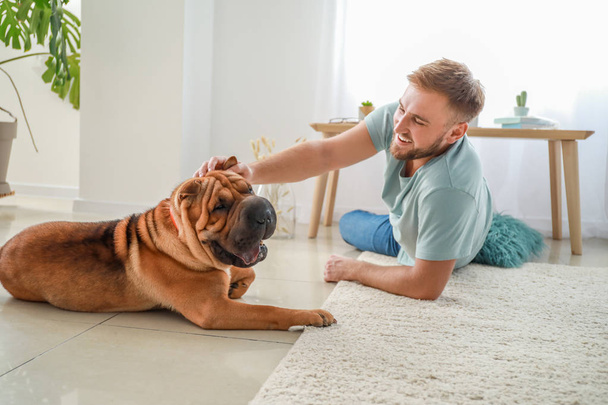 Happy man with cute dog at home - Fotografie, Obrázek