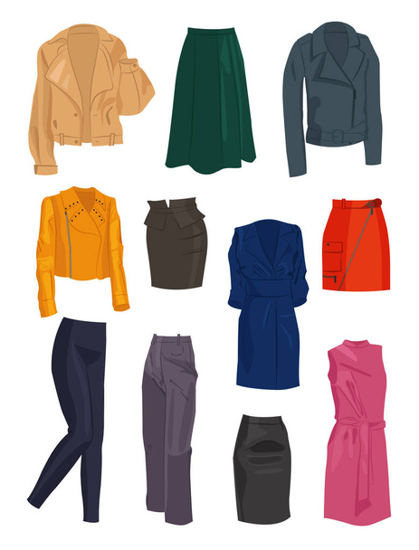 Conjunto de roupas de couro da moda feminina, modelos diferentes, isolados no fundo branco
. - Vetor, Imagem