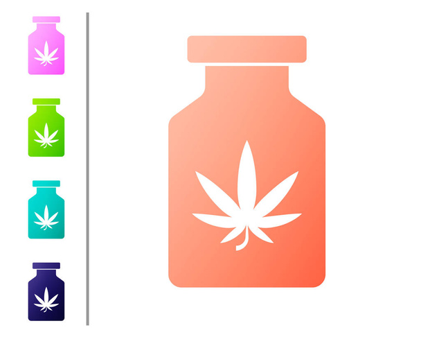Beyaz arka planda marihuana ya da kenevir yaprağı ikonu bulunan mercan tıp şişesi. Kavanozlardaki kenevir yağı özlerini taklit et. Renk simgelerini ayarla. Vektör İllüstrasyonu - Vektör, Görsel