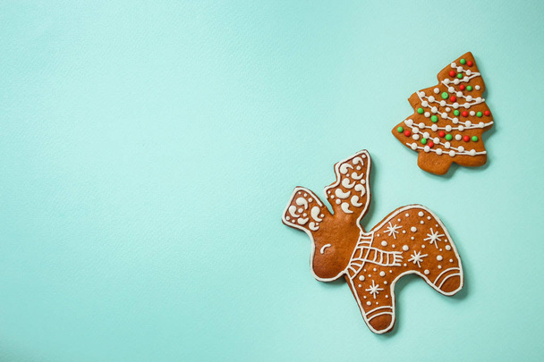 gingerbread. gifts and holiday, happy New Year. festive background. food background. top view - Photo, Image