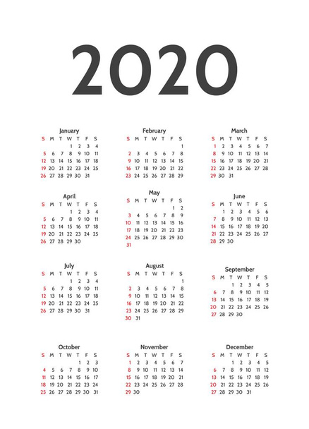 Calendar for 2020 years. Week starts from Sunday. - Vector, Image