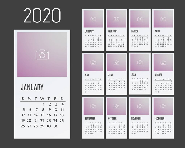 Calendar for 2020 years. Week starts from Sunday. - ベクター画像