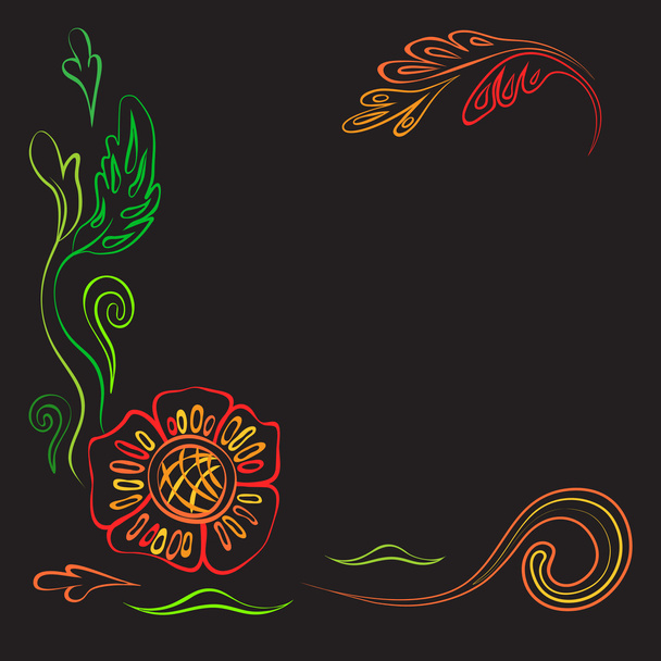Decorative border of colorful flowers and leaves on a black background. - Vector, Image