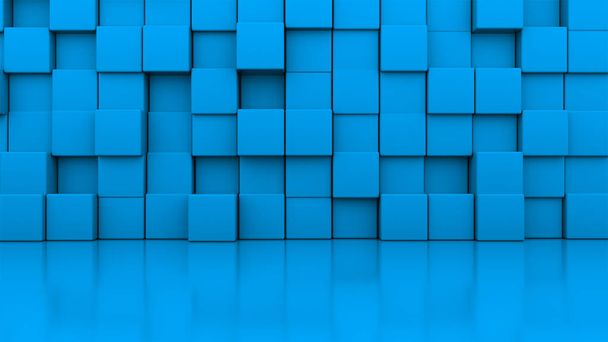 3d rendering wall of blue cubes located at different levels in a blue studio. Computer generated abstract background. - 写真・画像