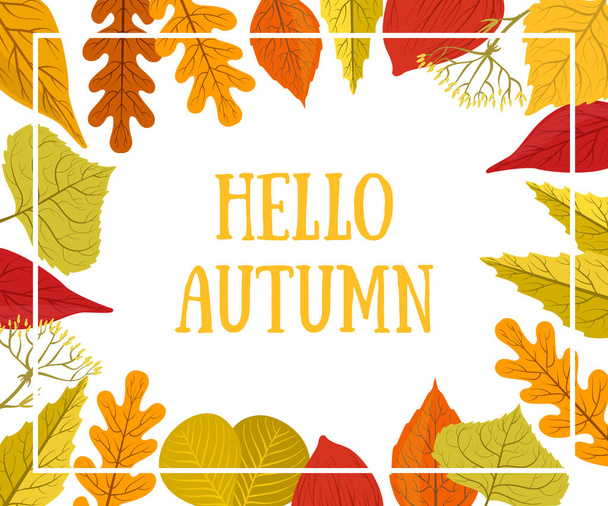 Hello φθινόπωρο πρότυπο banner με πολύχρωμα φύλλα, κάρτα μπορεί να χρησιμοποιηθεί για πρόσκληση, ειδική προσφορά, αφίσα, φυλλάδιο, Φέιγ βολάν εικονογράφηση - Διάνυσμα, εικόνα