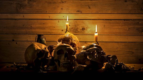 The visual art still life image of human skulls and pile bone wi - Valokuva, kuva
